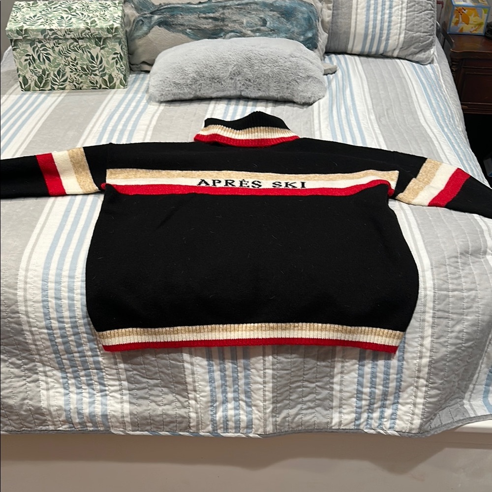 Black Après Ski Sweater with Red and Cream Stripes